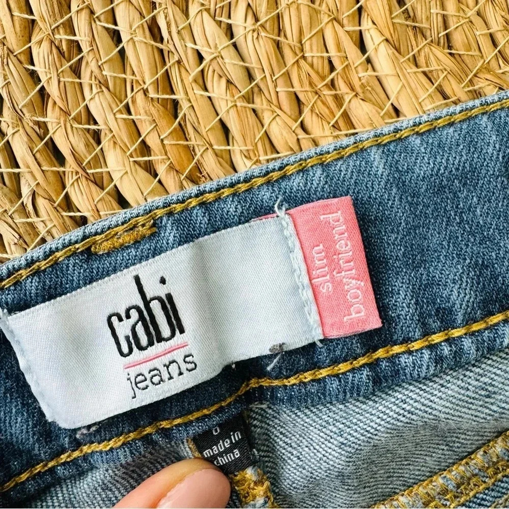 CAbi Jeans Slim Boyfriend Distressed Stretch Whiskering‎ Dark Wash Blue Size 8